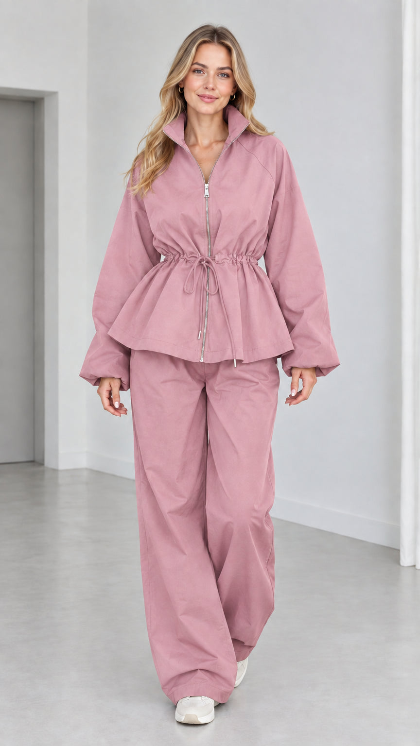 Women's dusty pink peplum zip jacket and wide-leg trousers two-piece set