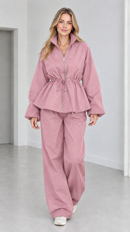 Women's dusty pink peplum zip jacket and wide-leg trousers two-piece set