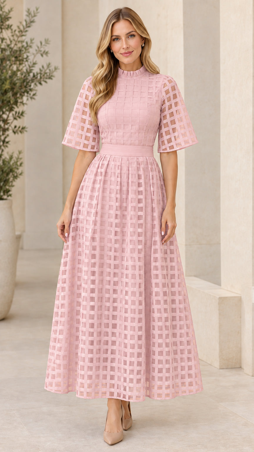 Front view of blush pink mock neck sheer grid overlay maxi dress