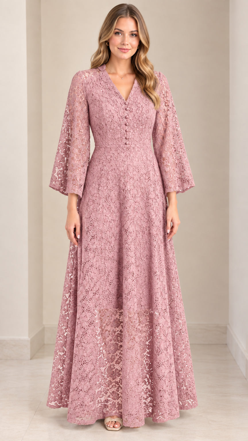 Front view of Dusty Pink floral lace bell sleeve maxi evening dress
