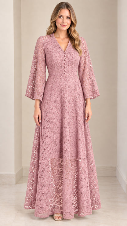 Front view of Dusty Pink floral lace bell sleeve maxi evening dress