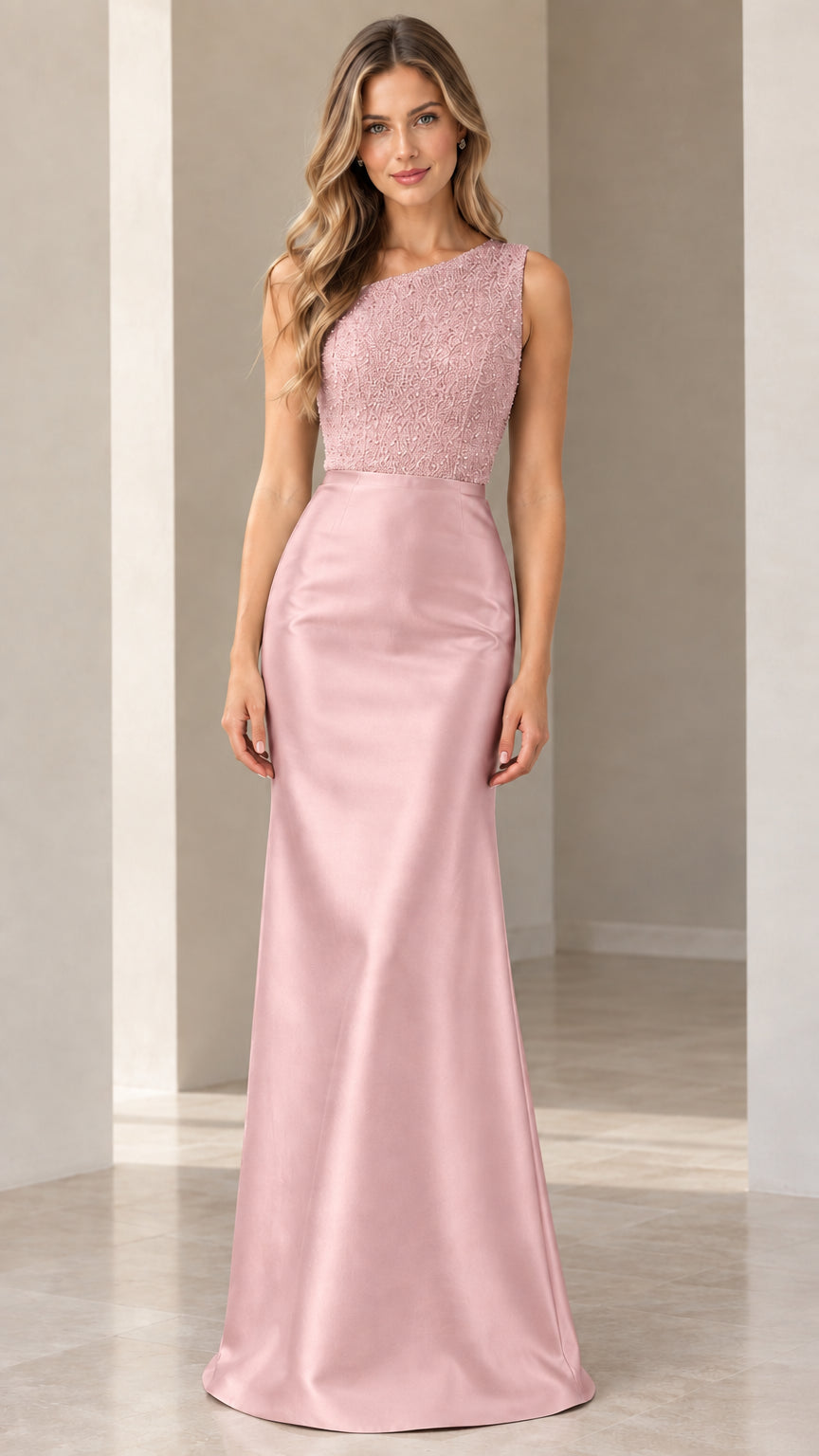 Blush Pink one-shoulder beaded evening maxi gown
