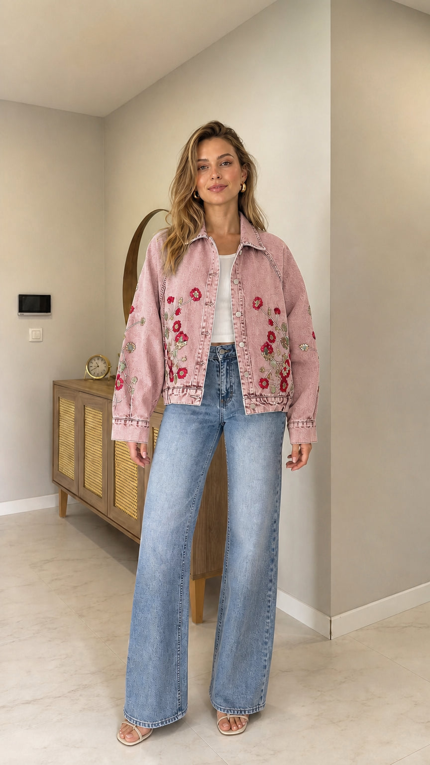 Full front view of woman wearing Dusty Pink floral embroidered denim jacket with blue jeans