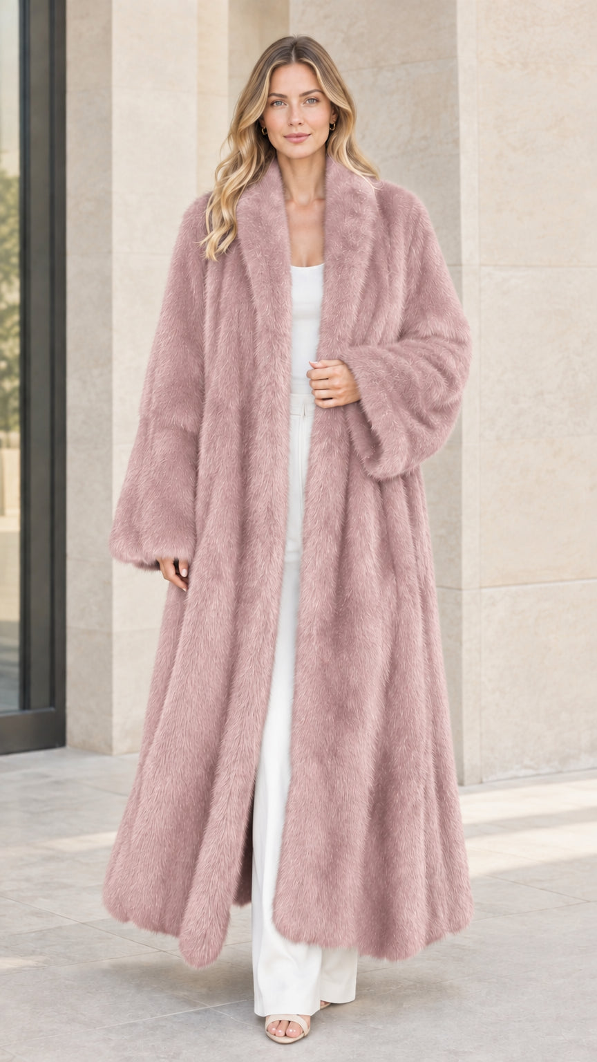 Front view of woman wearing dusty pink long faux fur maxi coat