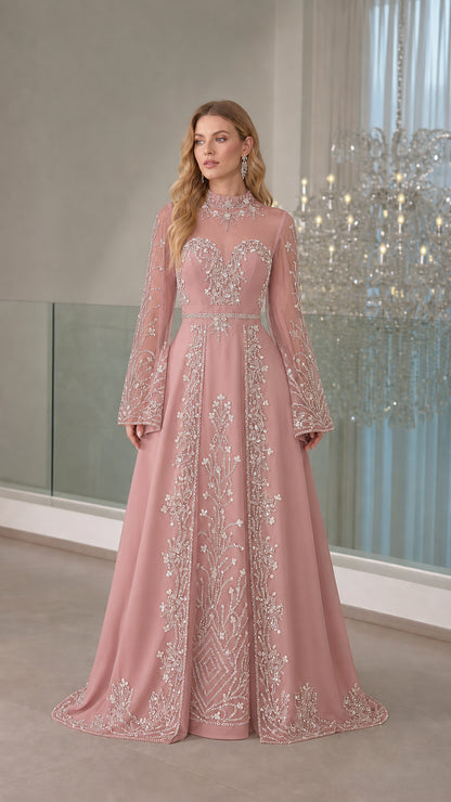 Dusty pink long sleeve evening gown with silver embellishments front view
