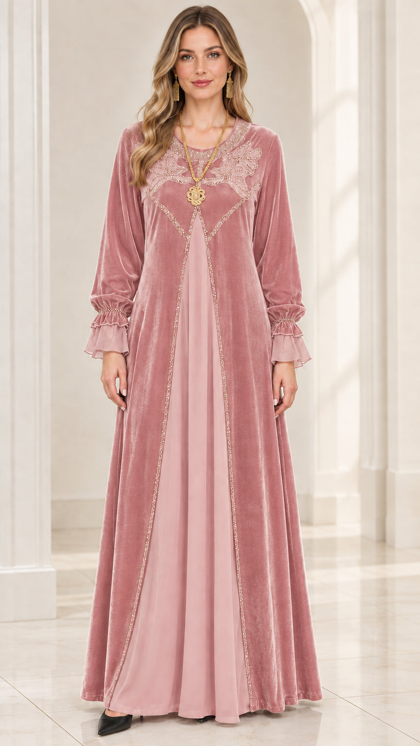 Dusty Pink velvet maxi dress with embroidered bodice