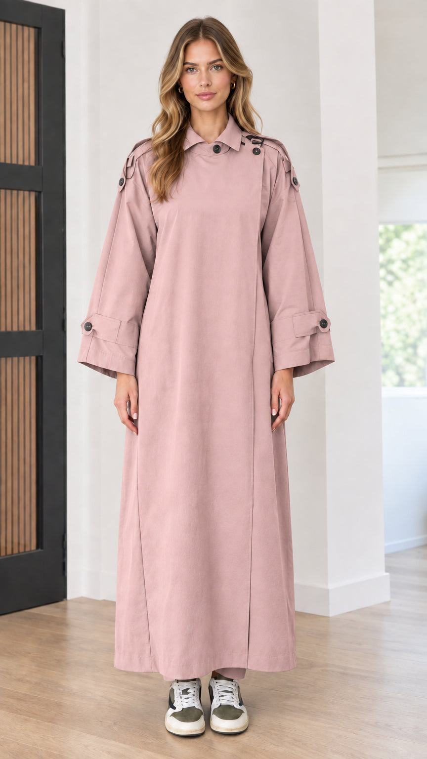 Front view of long trench maxi dress in dusty pink
