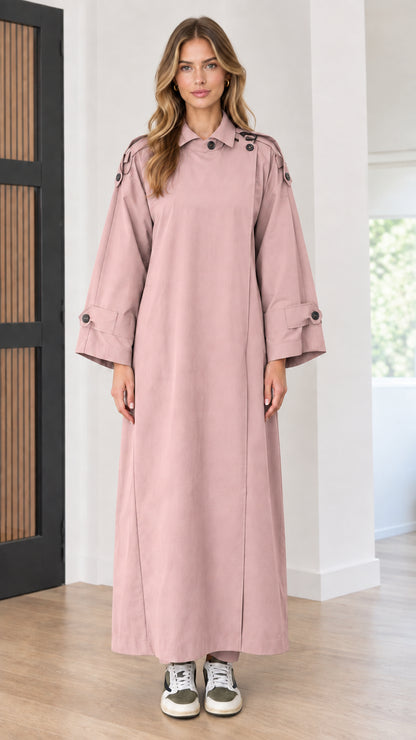 Front view of long trench maxi dress in dusty pink