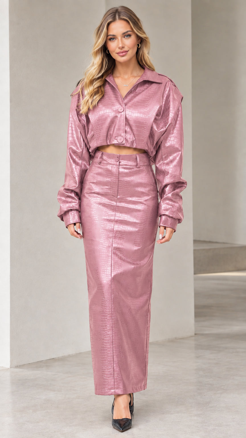 Model wearing dusty pink crocodile embossed faux leather cropped jacket and maxi skirt set