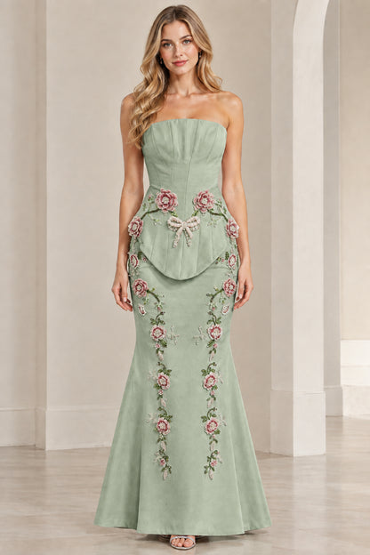 Sage Green strapless floral embroidered mermaid evening dress on model