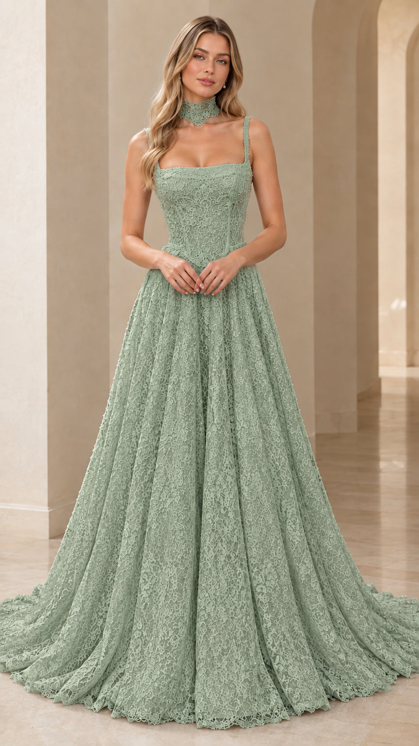 Front view of sage green textured lace A-line evening dress