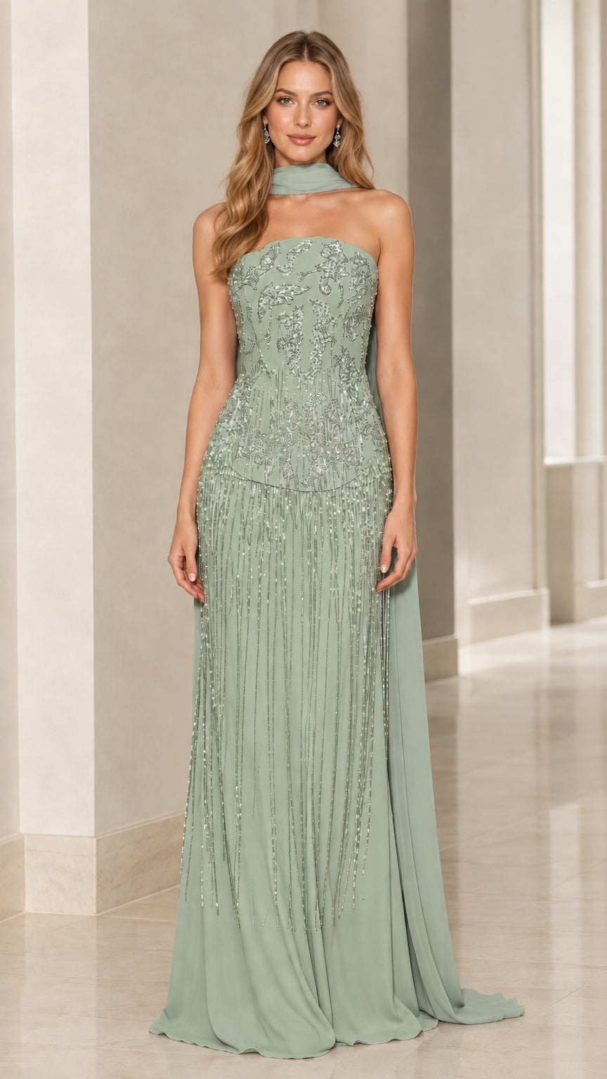 Model wearing sage green beaded strapless column gown with neck drape