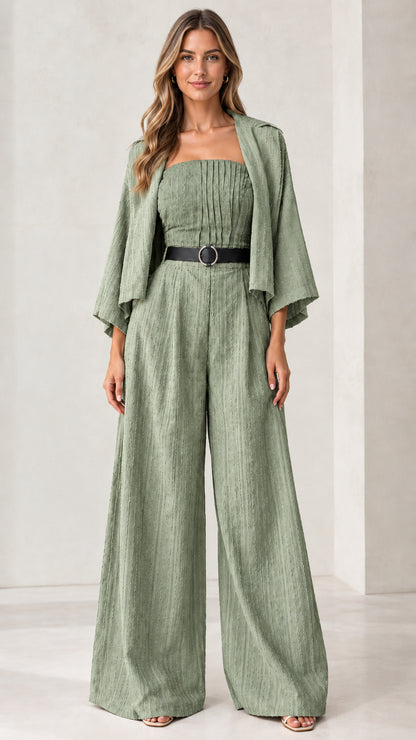 Full front view of the pleated bandeau wide-leg jumpsuit set in sage green