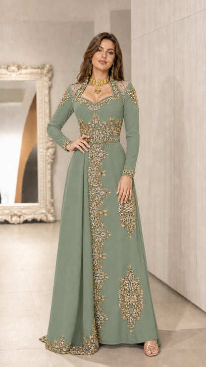Sage green embroidered long sleeve kaftan evening gown
