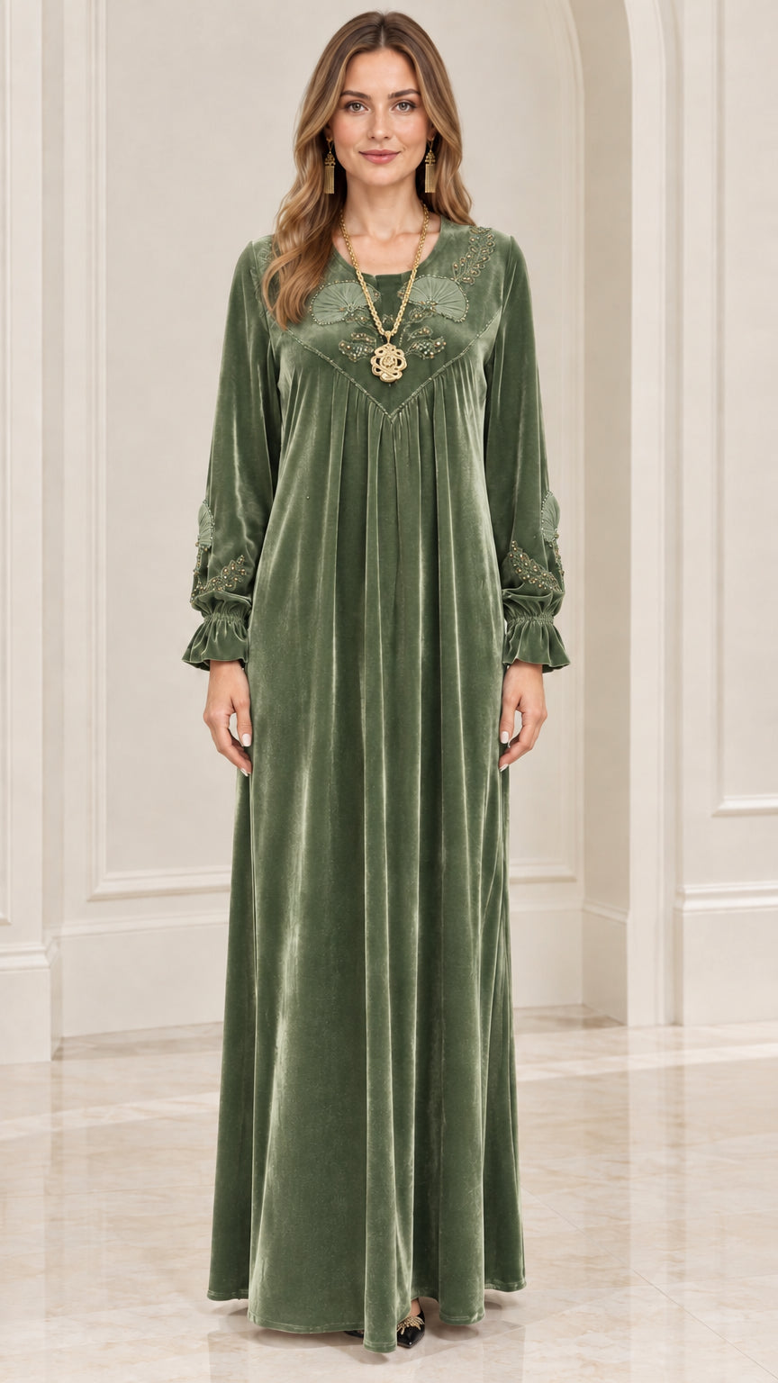 Front view of sage green velvet embroidered long kaftan dress