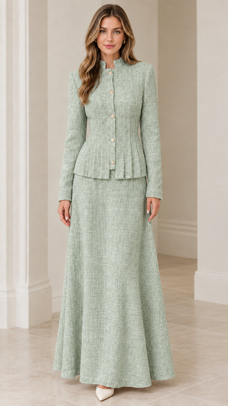 Front view of sage green tweed peplum jacket and floor-length skirt set
