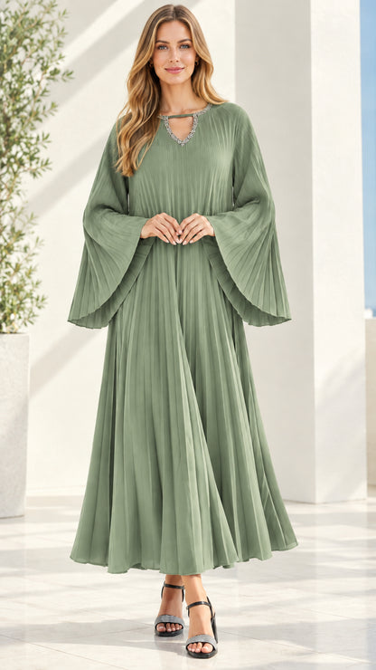 Front view of sage green pleated A-line maxi dress with embellished neckline