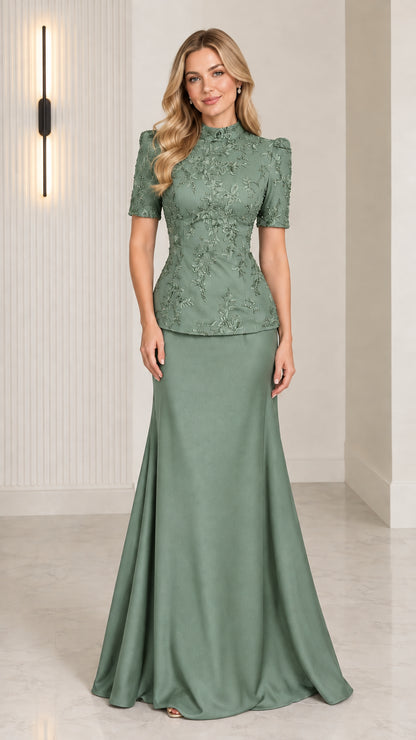 Front view of model wearing Sage Green beaded peplum evening gown