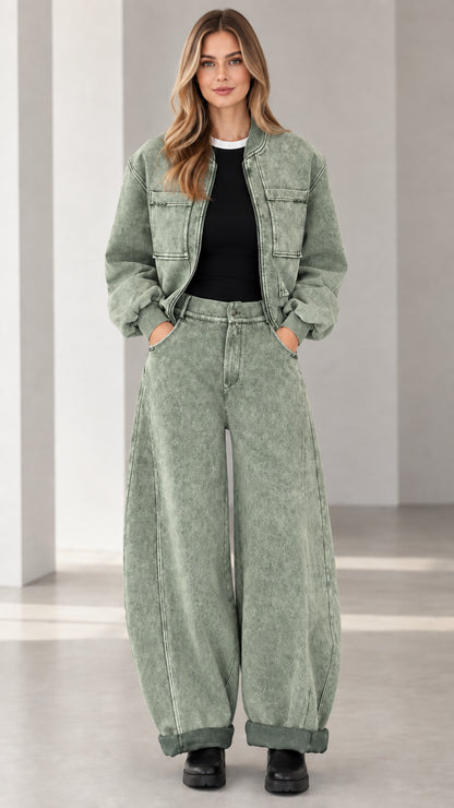 Full front view of sage green acid wash denim jacket and wide leg pants set