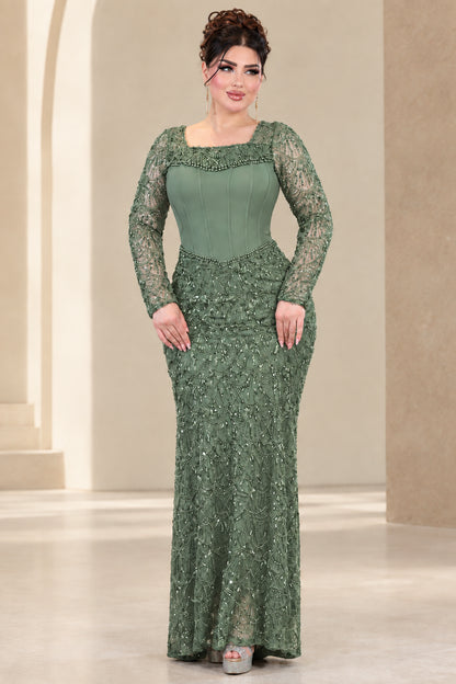 Sage green long sleeve sequin embellished corset evening gown front view