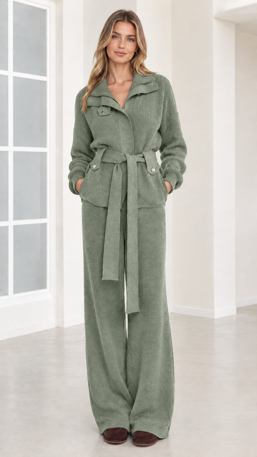 Front view of woman wearing sage green ribbed knit belted two-piece set