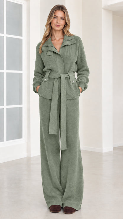 Front view of woman wearing sage green ribbed knit belted two-piece set