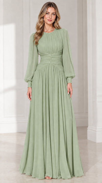 Sage green long sleeve ruched waist formal chiffon maxi dress