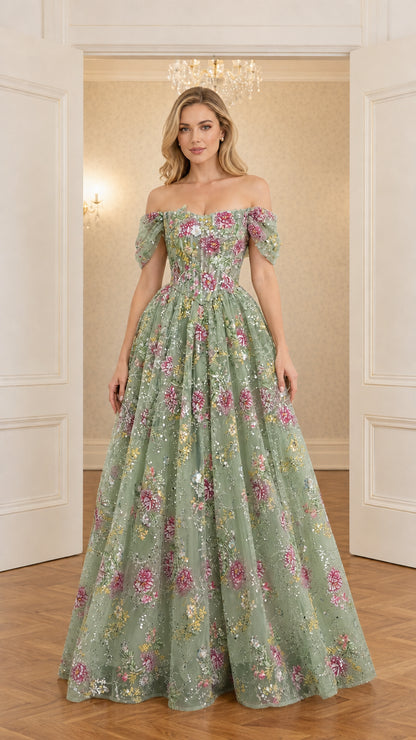 Sage green floral embroidered tulle A-line evening gown