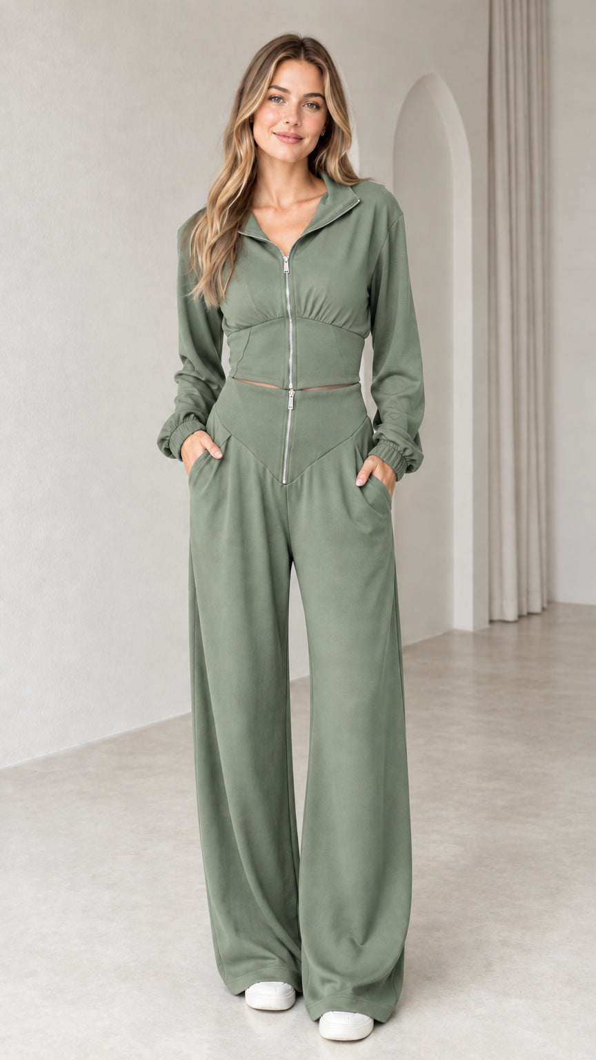 Front view of woman wearing sage green zip-front collared two-piece tracksuit set