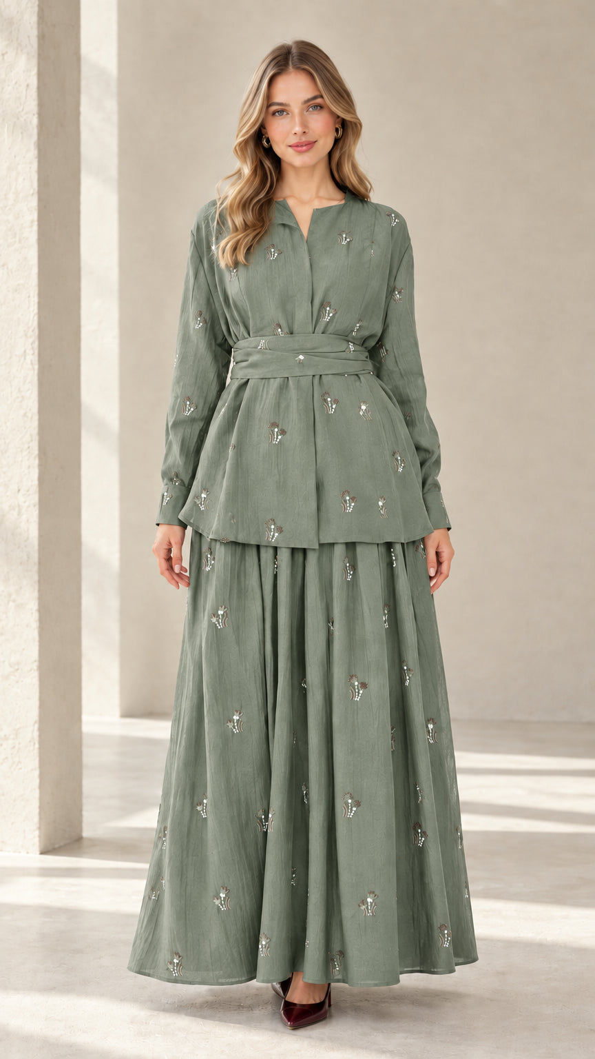 Model wearing sage green two-piece modest embroidered tunic and maxi skirt set