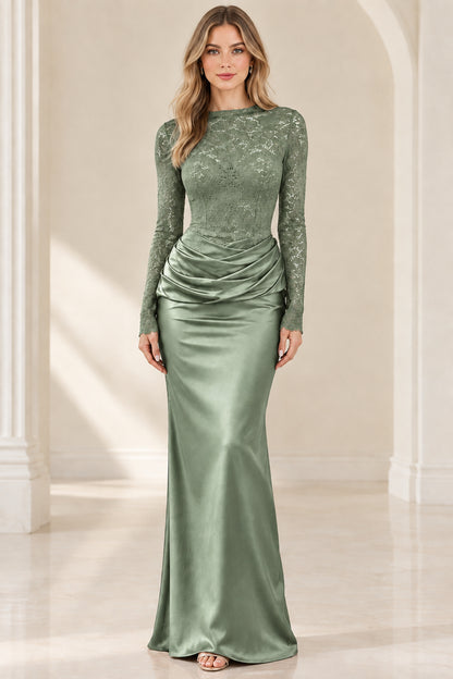 Front view of sage green long sleeve lace top ruched satin evening gown