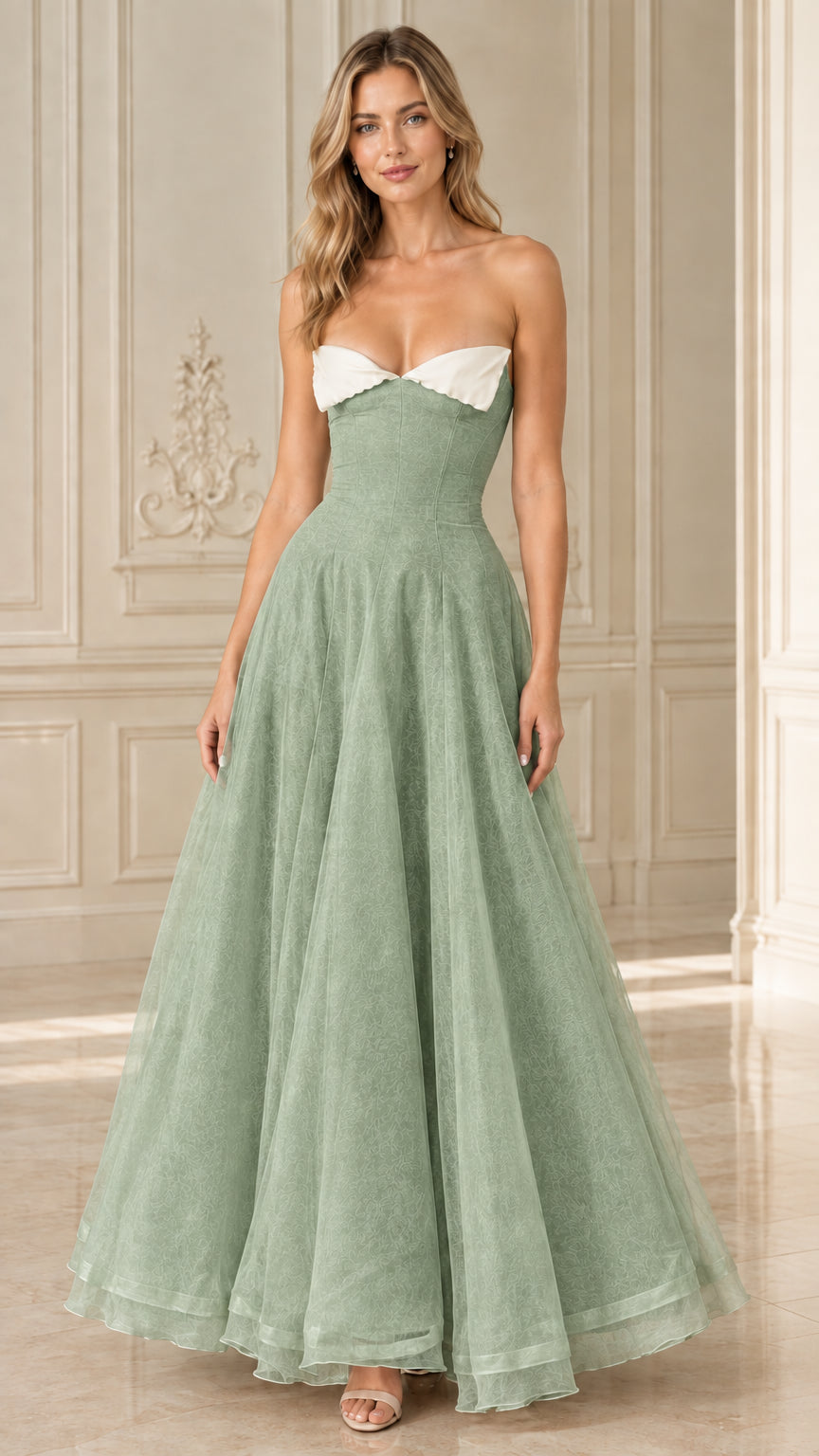 Front view of Sage Green strapless A-line evening dress with white foldover collar