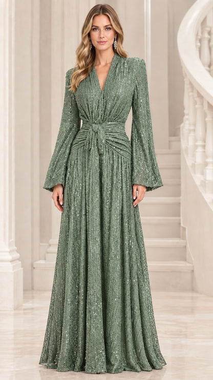 Sage green sequin long sleeve A-line formal evening gown
