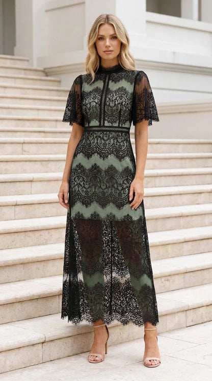 Black eyelash lace maxi dress over sage green lining