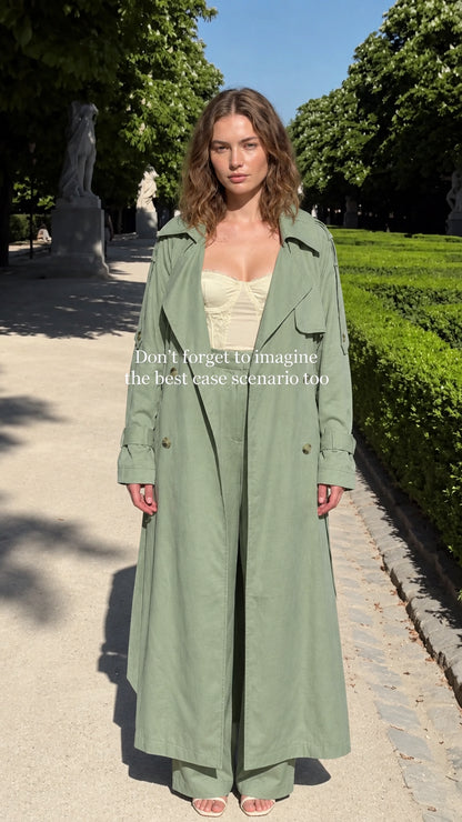 Model wearing sage green long double-breasted trench coat set