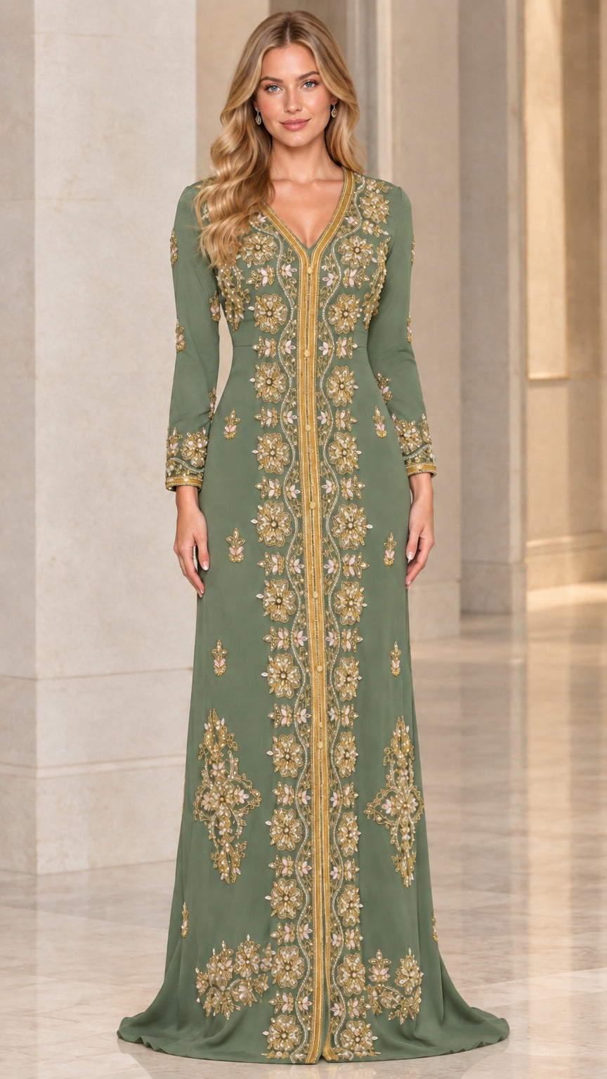 Sage Green embroidered kaftan maxi dress for formal occasions