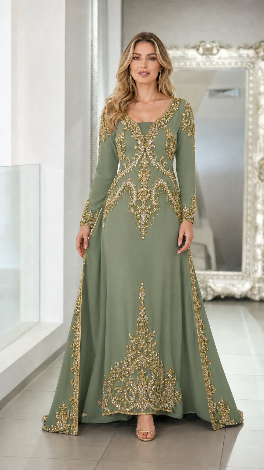 Sage green embroidered floor-length kaftan maxi dress
