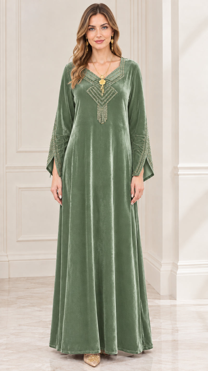 Sage green embellished velvet evening maxi dress front view