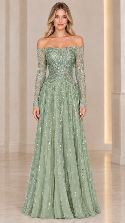 Full-length view of sage green off-the-shoulder beaded A-line maxi dress