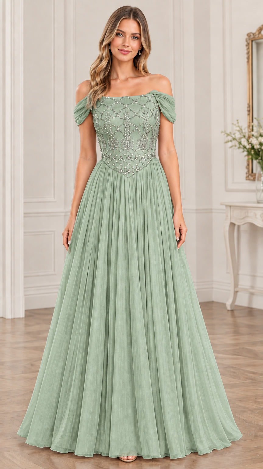 Model wearing sage green off-the-shoulder beaded tulle formal gown