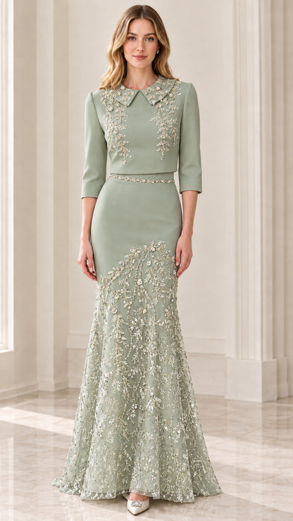 Front view of model wearing Sage Green beaded collar evening gown