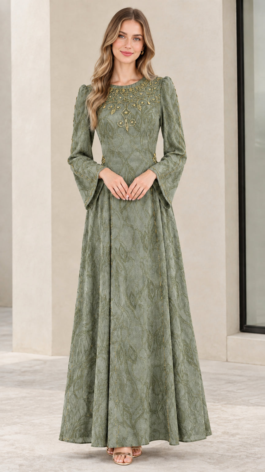 Model wearing sage green beaded jacquard long-sleeve maxi dress
