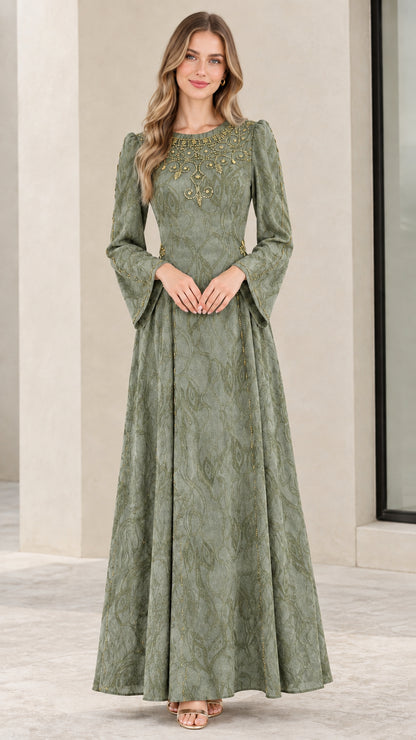 Model wearing sage green beaded jacquard long-sleeve maxi dress