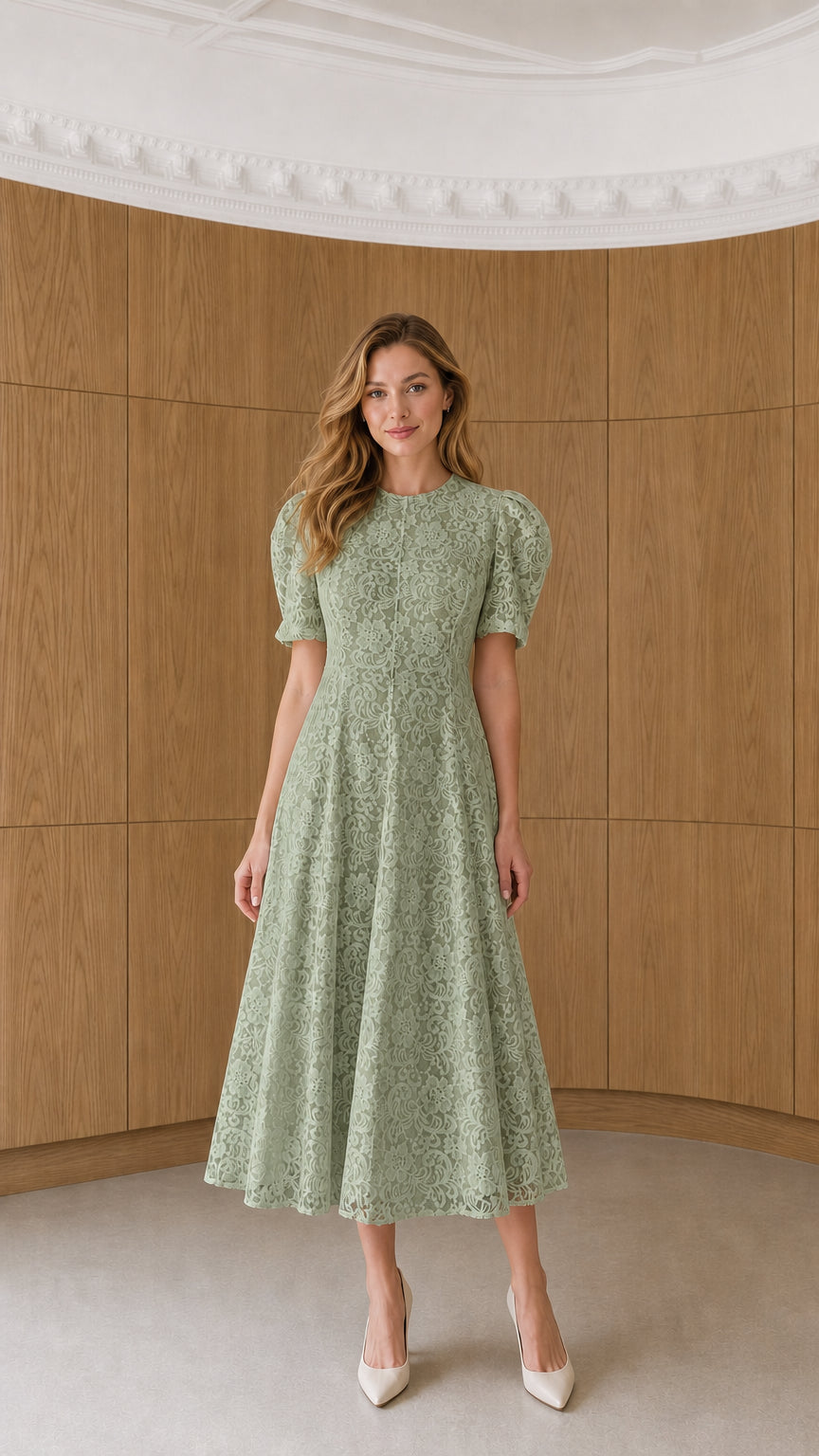 Full-length view of model wearing sage green floral lace puff sleeve midi dress
