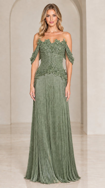 Front view of sage green off-the-shoulder beaded fringe formal evening gown