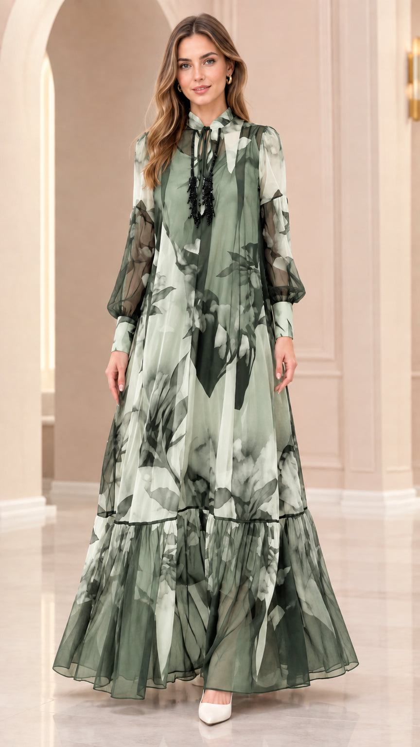 Front view of sage green floral print chiffon maxi dress
