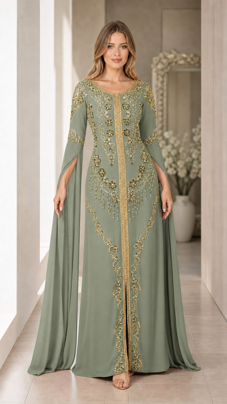 Front view of sage green embroidered cape sleeve kaftan formal gown