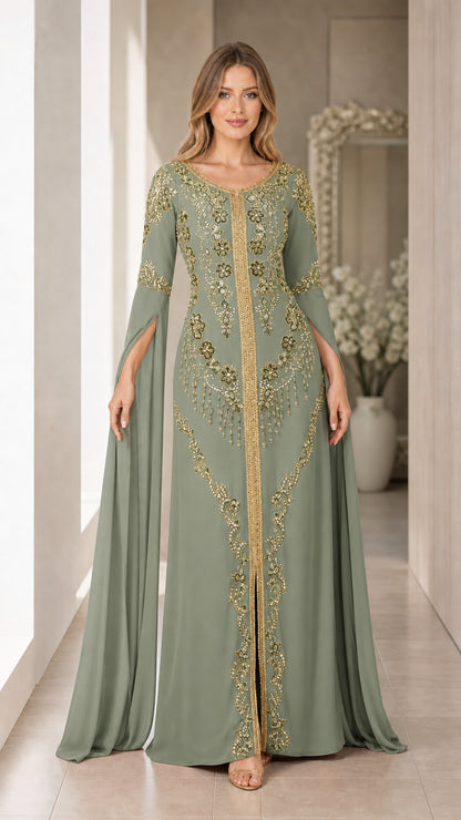 Front view of sage green embroidered cape sleeve kaftan formal gown