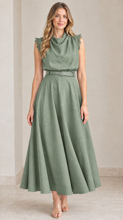 Front view of sage green sleeveless cowl neck midi dress