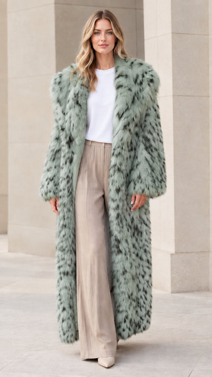 Front view of model wearing sage green speckled faux fur maxi coat